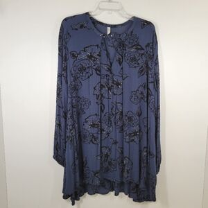 Free People Blue Black Floral Balloon Sleeves Tunic Swing Dress Size Medium